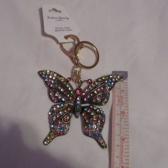 NWT Butterfly Keychain Rhinestones Goldtone - Picture 3 of 4